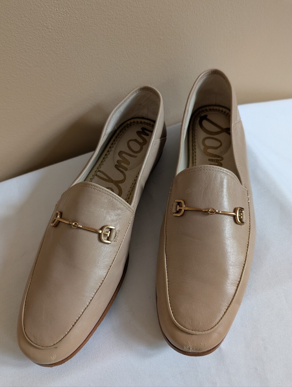 Sam Edelman Loraine Bit Loafers Nude Leather Gold Horsebit Size 9.5